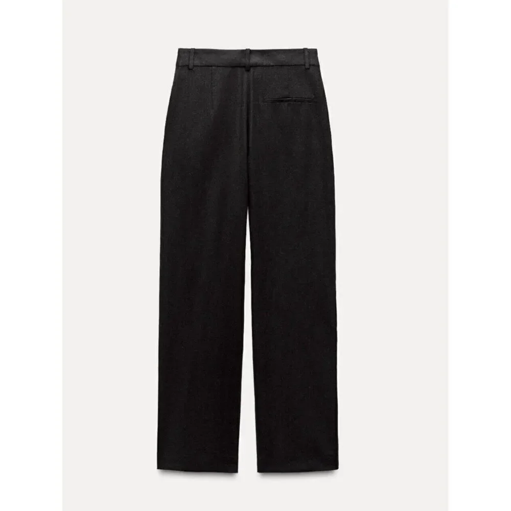 Zara Women Dress Pants Size S Black Wide Leg Linen Blend Flat Front 8017/369 NWT